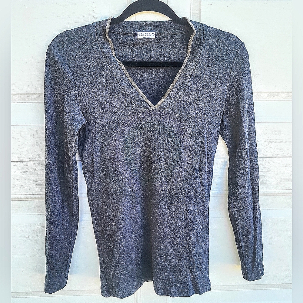 Brunello Cucinelli L/S V-Neck TOP with silver metal chain detail